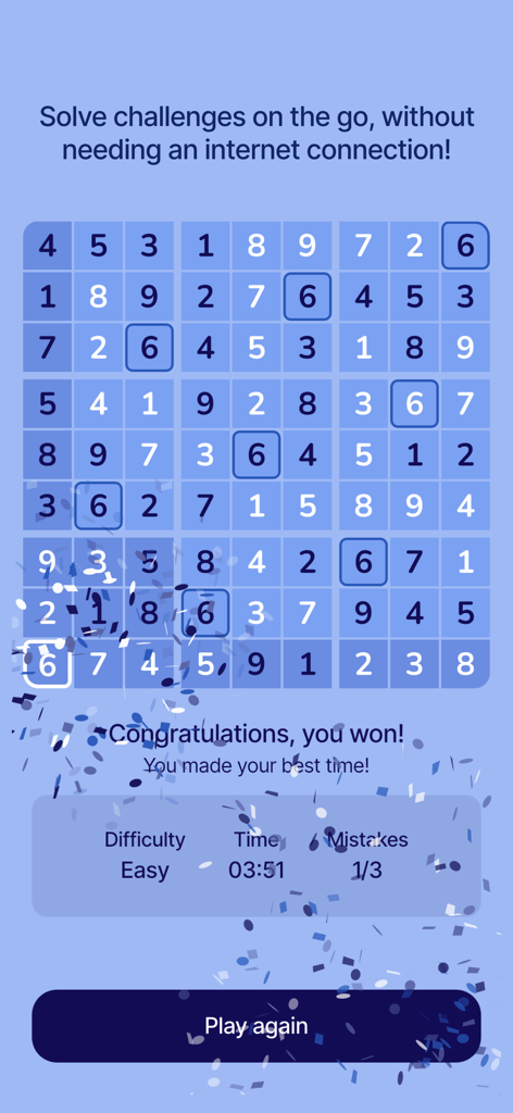 Cozy Sudoku - Pantalla de victoria para un nivel fácil completado en Cozy Sudoku mostrando una cuadrícula resuelta y confeti.