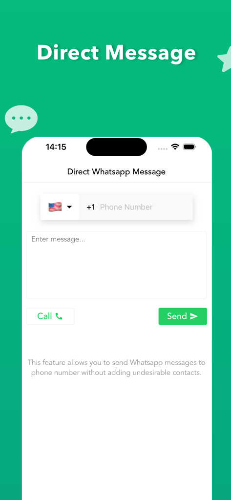 GB What+ : Dual Messenger chat - GB What+のダイレクトメッセージ機能のインターフェース。電話番号の入力とメッセージボックスが表示され、連絡先を保存せずにWhatsAppメッセージを送信できます。