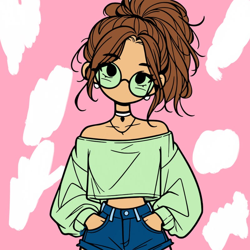 girl with a messy ponytail glasses a baggy crop top and jean shorts
