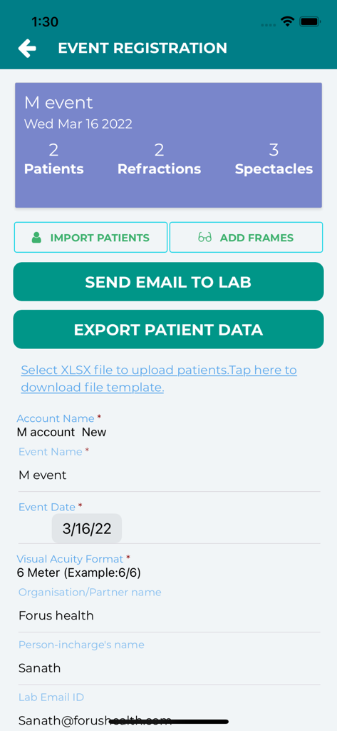 Vision Screening Events App - Uma tela de aplicativo móvel para registro de eventos de triagem de visão mostrando estatísticas de pacientes, refrações e óculos.
