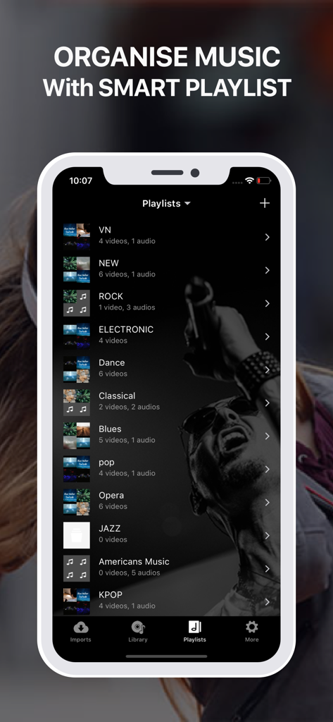 iMusic Video Player Offline - iMusic Video Player Offline app smart playlist organization screen showing various music genres like rock and pop