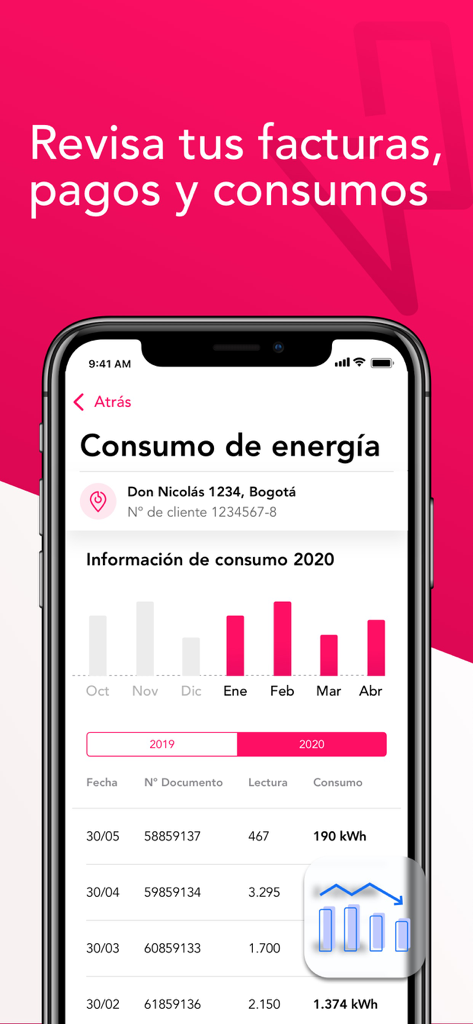 Enel Clientes Colombia - Captura de pantalla de la aplicación Enel Clientes Colombia que muestra un gráfico de barras y una tabla del historial de consumo de energía mensual.