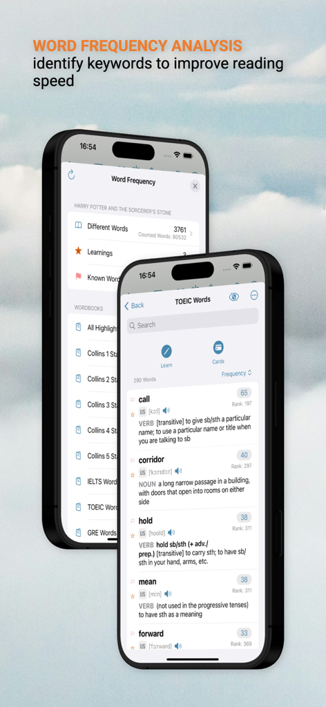 TingYue App-Oberfläche zur Wortfrequenzanalyse und Vokabularrangliste.