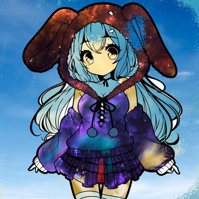 pretty anime girl wearing a fluffy hoodie with bunny ears on the hood and a skirt