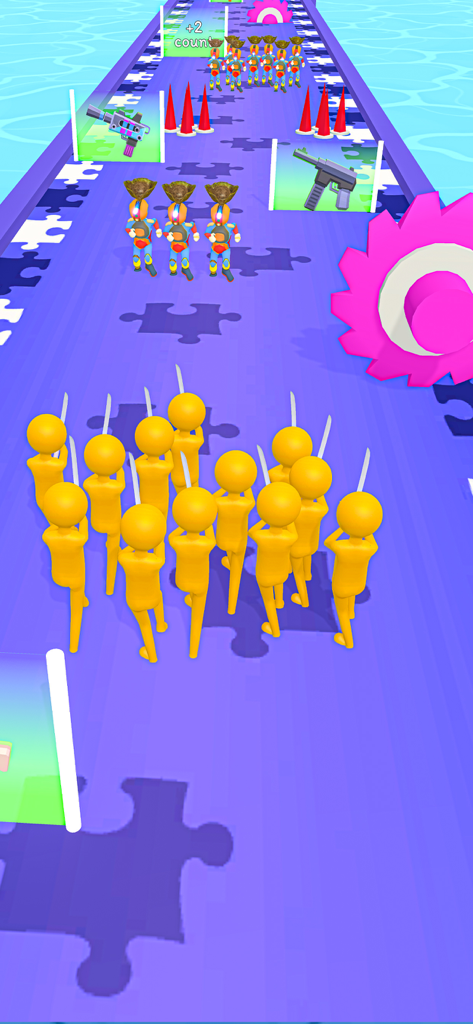 Stickman Wars - Stickman Games - A group of yellow stickman figures running on a purple track toward weapon powerups and enemy crowds in a hyper casual game