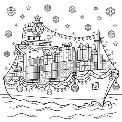 Embark on a festive journey with this unique Christmas container ship coloring page, brimming with holiday cheer. Decorate a mighty vessel laden with gifts, lights, and ornaments, sailing through a snowy wonderland.