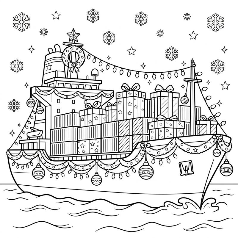 Embark on a festive journey with this unique Christmas container ship coloring page, brimming with holiday cheer. Decorate a mighty vessel laden with gifts, lights, and ornaments, sailing through a snowy wonderland.