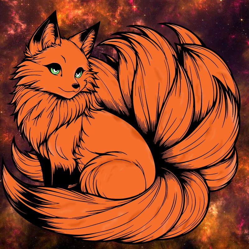 realistic detailed 9 tailed anime fox