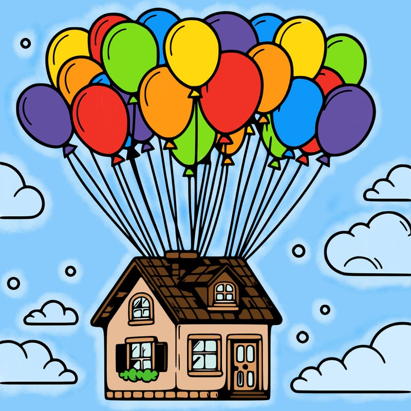 house floating from lots of balloons