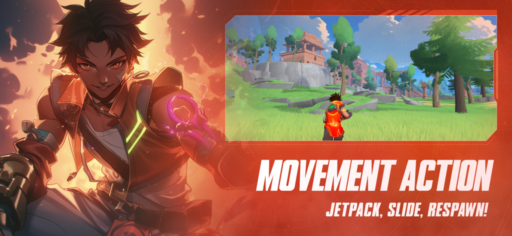 AimLock anime character and gameplay screenshot highlighting movement mechanics like jetpack and sliding