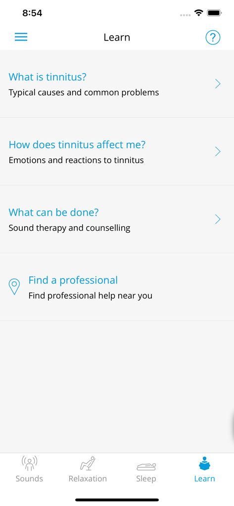 Educational resources menu in the Widex Zen app for learning about tinnitus causes and finding professional help