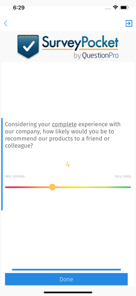 SurveyPocket app interface showing a Net Promoter Score question with a color coded slider scale from Very Unlikely to Very Likely.
