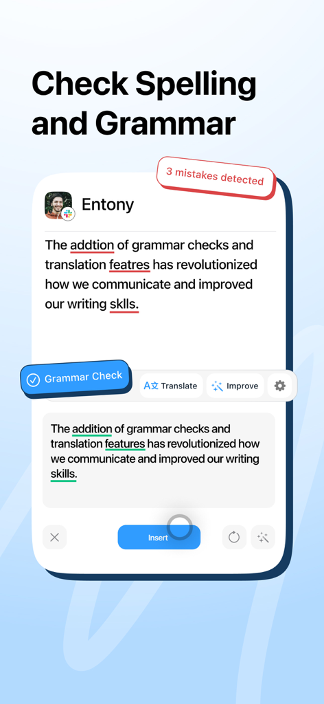 Clavier IA Friday montrant la correction de l'orthographe et de la grammaire en temps réel dans une interface de chat professionnelle.