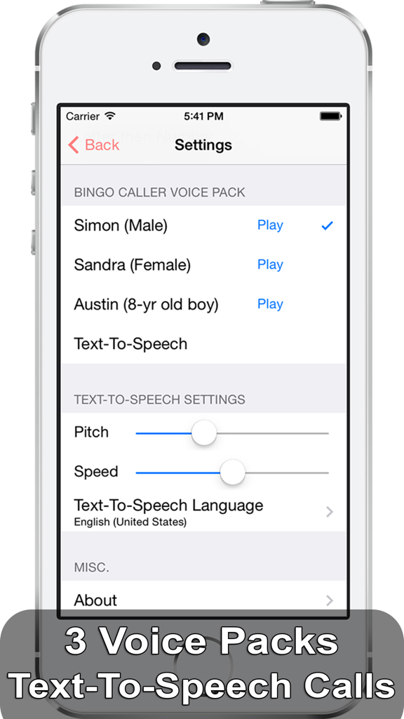 iBingo Caller Free - Play Bingo at Home with Friends! - Voice pack and text to speech settings in the iBingo Caller app