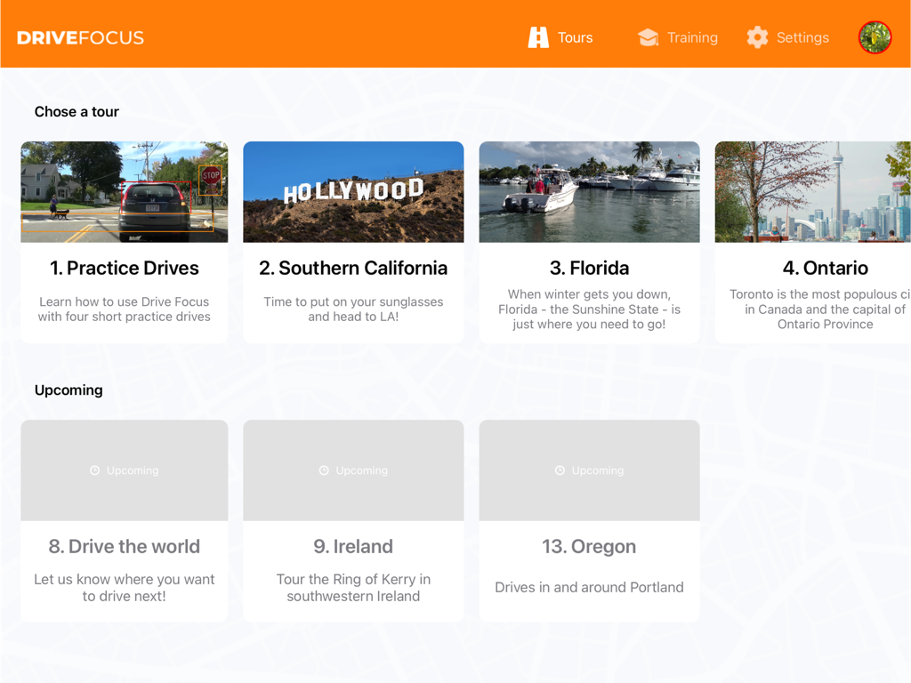DriveFocus 2.0 - Screen showing the Choose a Tour menu in the DriveFocus 2.0 app with options for California, Florida, and Practice Drives