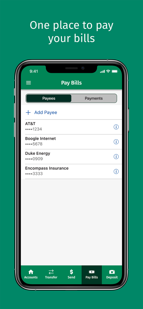 A smartphone screen showing the Pay Bills feature of the Citizens Bank app with a list of utility and service payees.