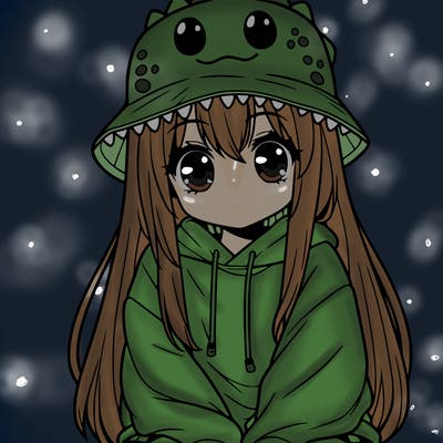 girl with anime shaped eyes with a dinosaur bucket hat oversized sweatshirt long straight hair