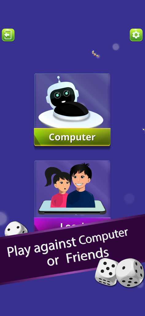 Ludo game menu showing options to play against computer or friends