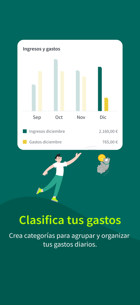 Ruralvía - Banca digital - Ruralvia app interface displaying a bar chart for monthly income and expenses with spending classification options