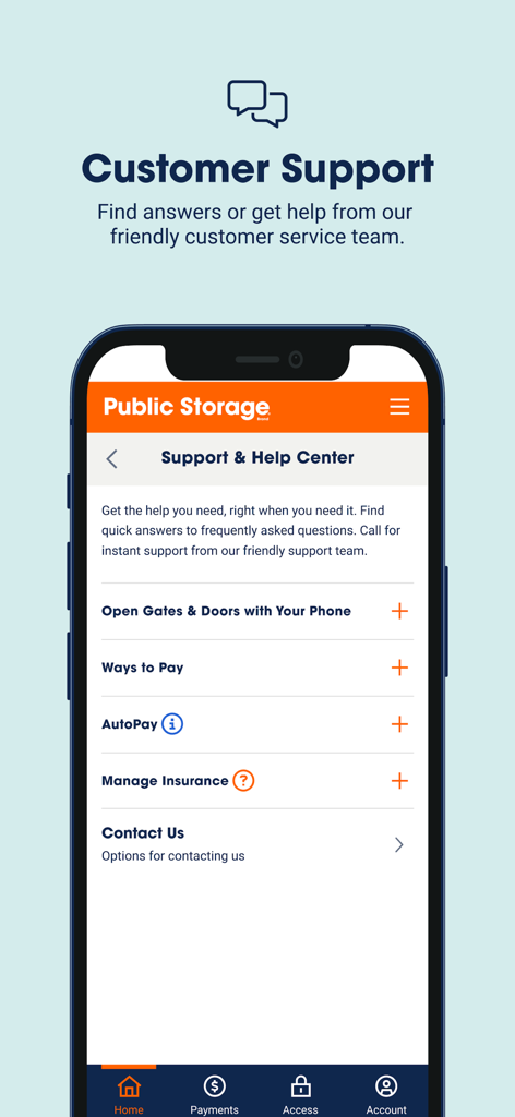 Public Storageアプリのサポートおよびヘルプセンター画面に、ゲートアクセスや支払いなどのさまざまなヘルプカテゴリを表示