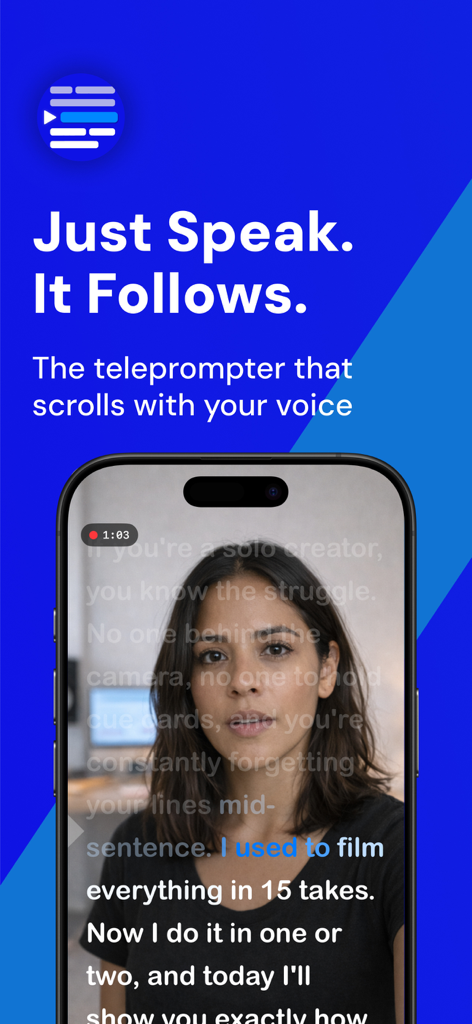Teleprompter - Script Writing - PromptSync teleprompter app showing a script scrolling automatically by tracking the users voice