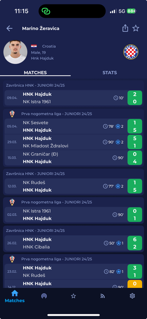 HNS SEMAFOR - Individual player profile and match history screen in the HNS SEMAFOR sports app