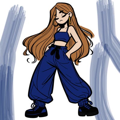 girl in baggy pants crop top and long hair