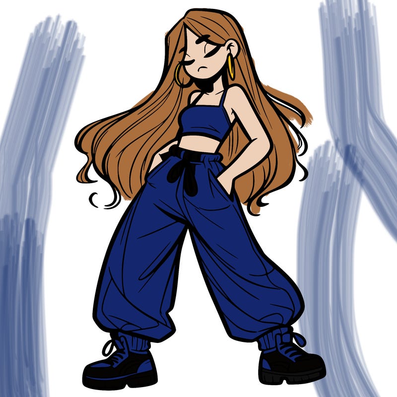 girl in baggy pants crop top and long hair