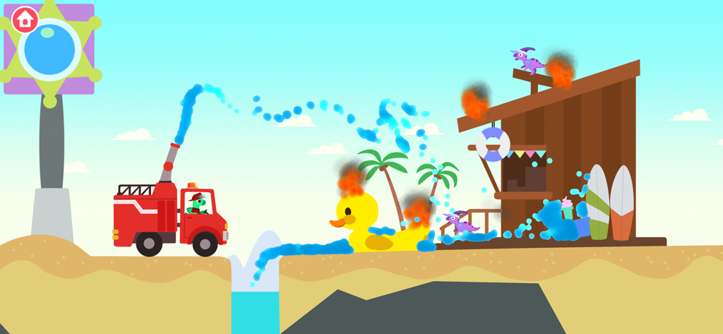 A dinosaur firefighter uses a fire truck water cannon to put out fires on a beach hut and giant rubber duck.