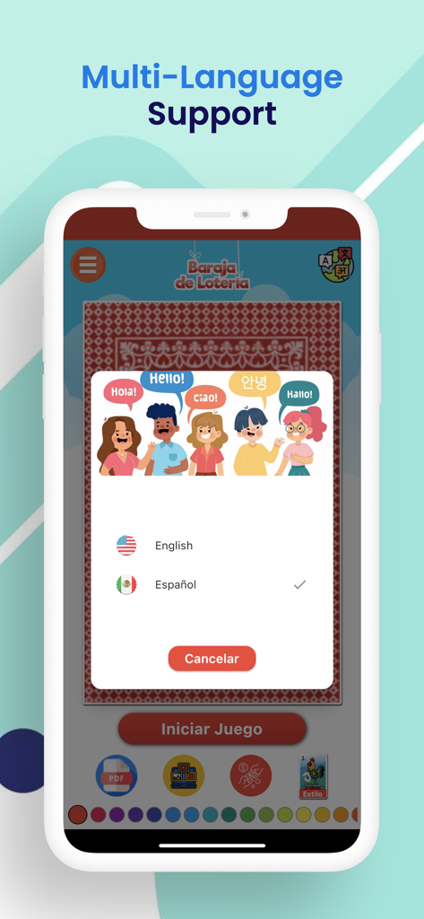 Baraja de Lotería Mexicana - The multi-language support screen for the Baraja de Lotería Mexicana app displaying English and Spanish options.