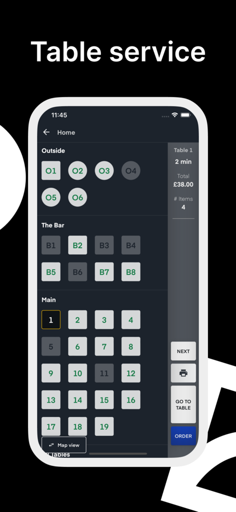 Captura de pantalla de la aplicación Baemingo que muestra la distribución de mesas del restaurante y la gestión del servicio en un smartphone