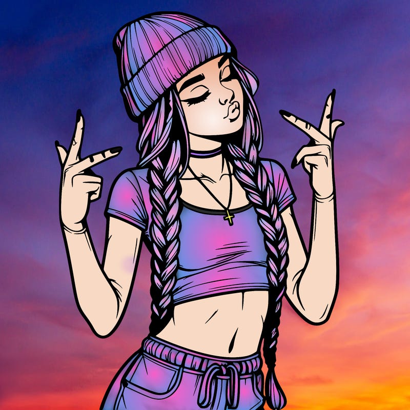realistic teenage girl with braids and a beanie and crop top doing 🫶🏼