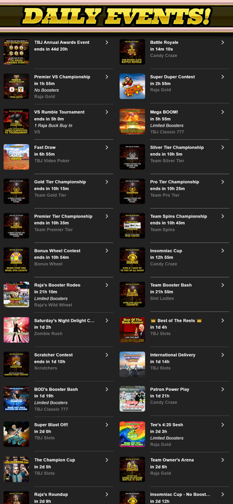 A menu showing a variety of daily events and tournaments within The Big Jackpot app