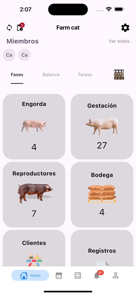 Porcicultor: Gestor de cerdos - Panel de control de la aplicación Porcicultor que muestra categorías de gestión de granjas porcinas, incluidas las etapas de engorde, gestación y reproducción