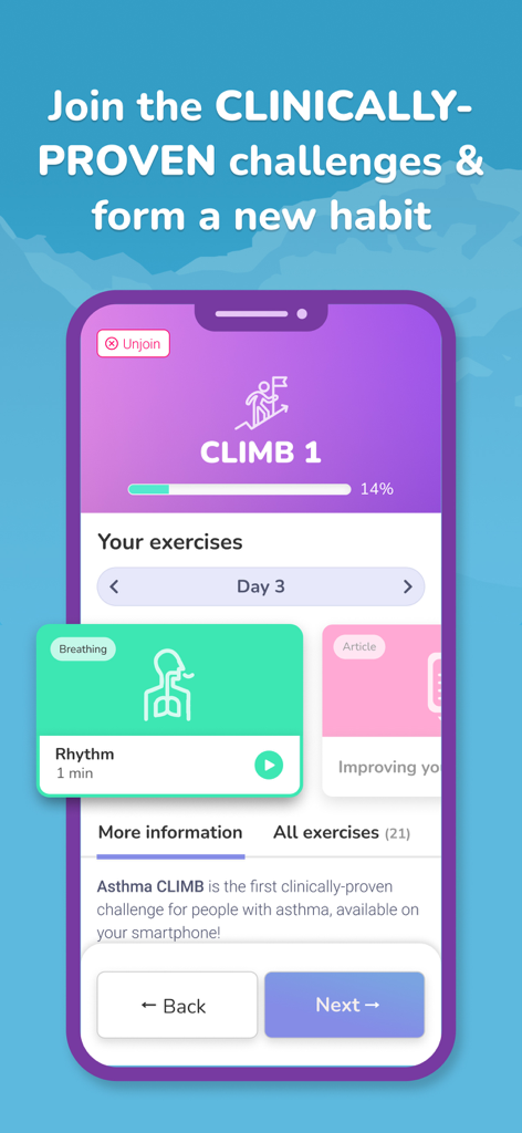 Airyn, the asthma app - Airlyn app dashboard showing the clinically-proven Asthma CLIMB challenge with daily breathing exercises and progress tracking