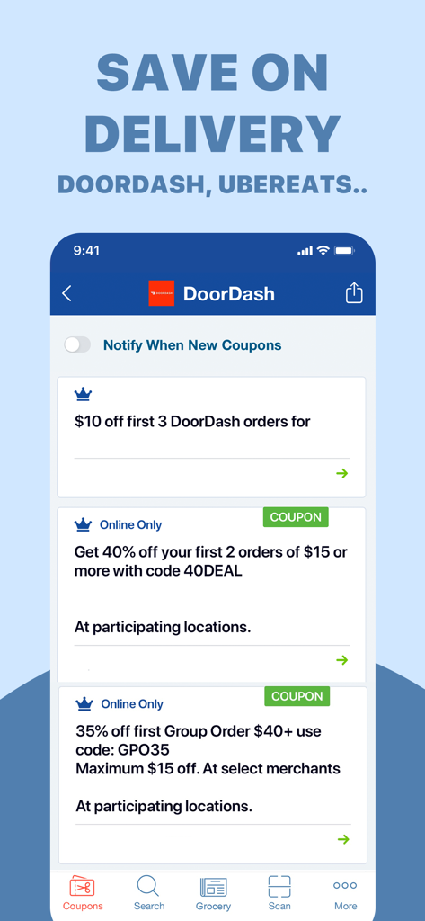 Food Coupons Deal Fast Reward - Mobile app screenshot showing various DoorDash food delivery coupons and promo codes