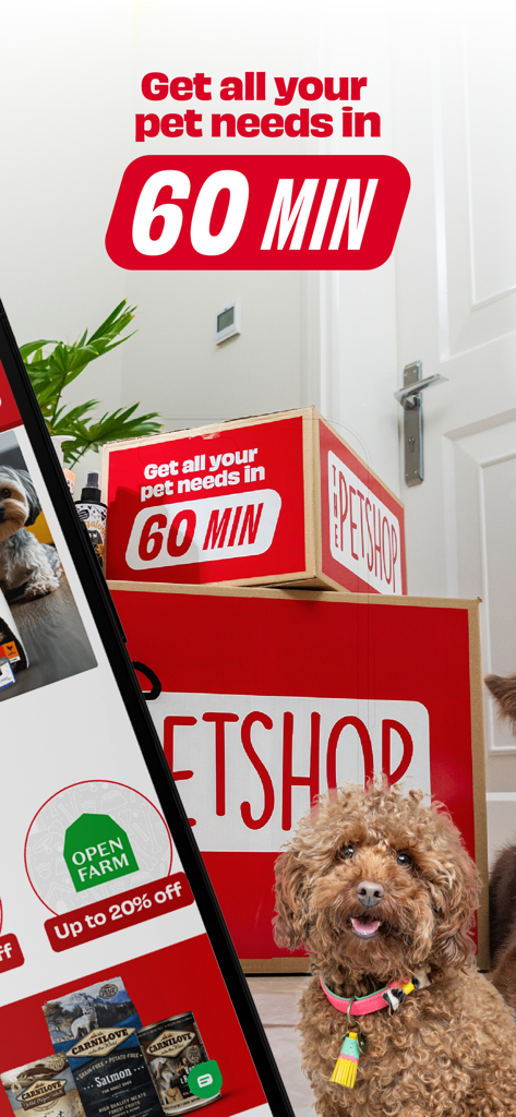 ThePetshop.com - Smartphone showing the ThePetshop.com app interface next to delivery boxes and a pet dog highlighting 60 minute delivery service.