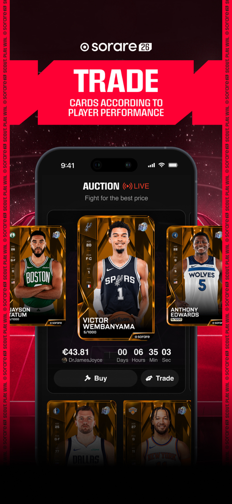 Sorare Fantasy Sports - Sorare Mobile App-Oberfläche, die eine Live-Auktion für NBA-Spieler-Sammelkarten anzeigt.