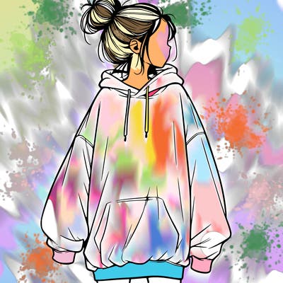 realistic girl with a oversized sweatshirt on and a bun