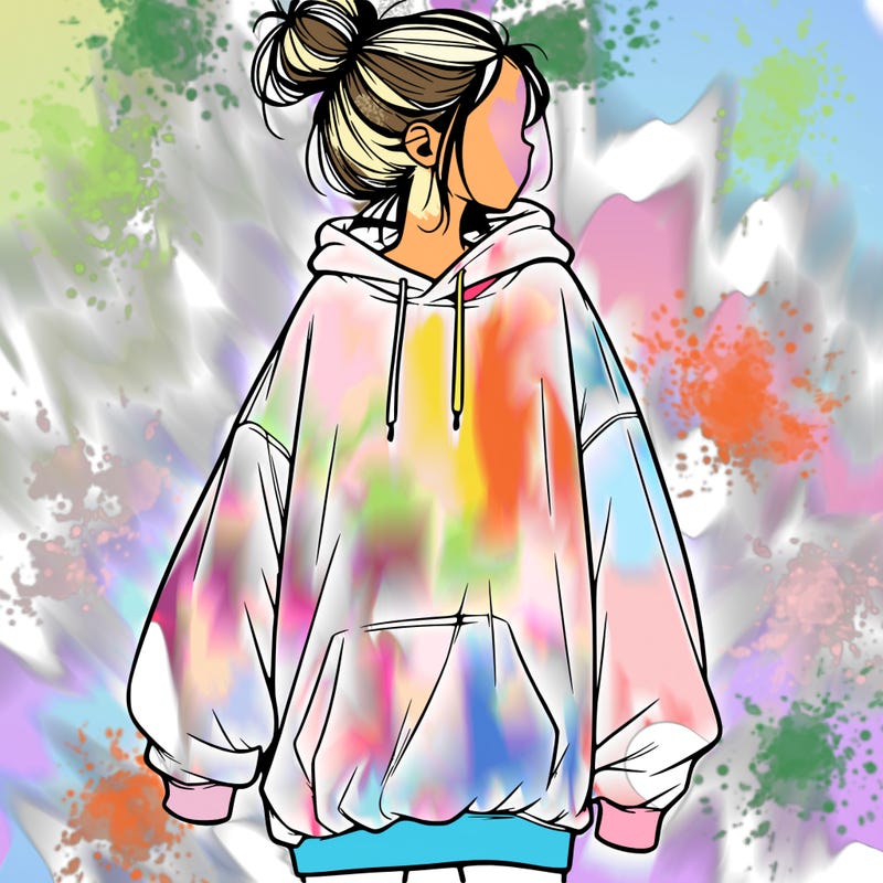 realistic girl with a oversized sweatshirt on and a bun