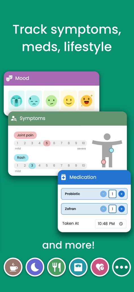Guava: Health Tracker - Guava health tracker app dashboard showing symptom medication and mood tracking cards