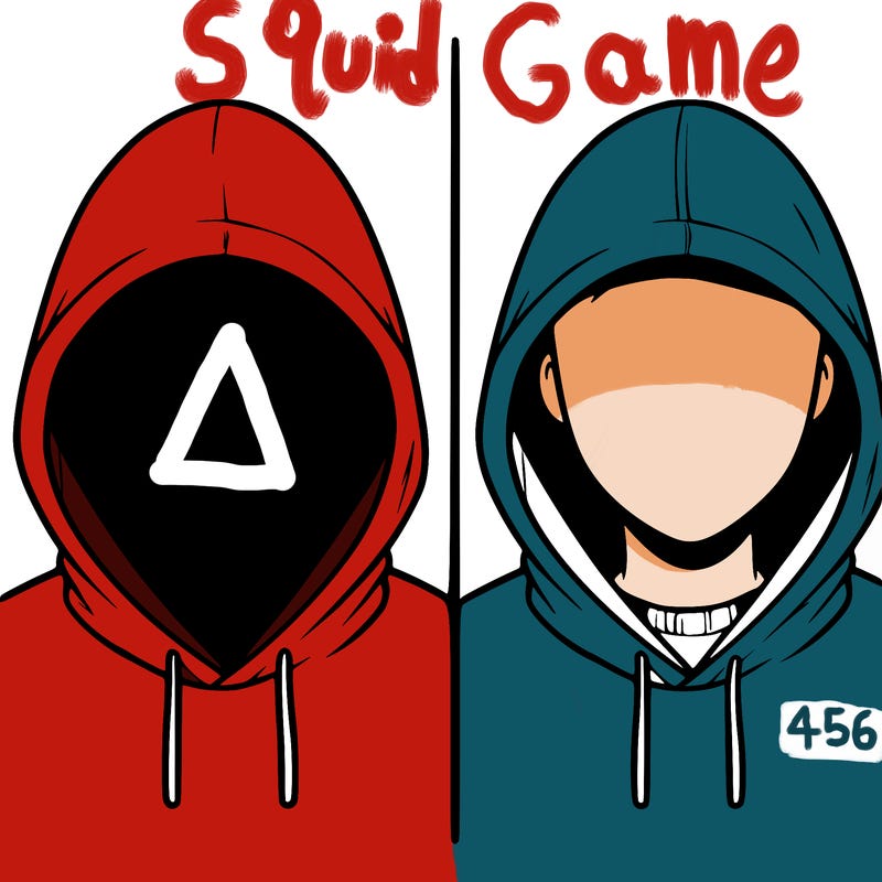 a person with a hoodie and no face, the drawing is split in 2