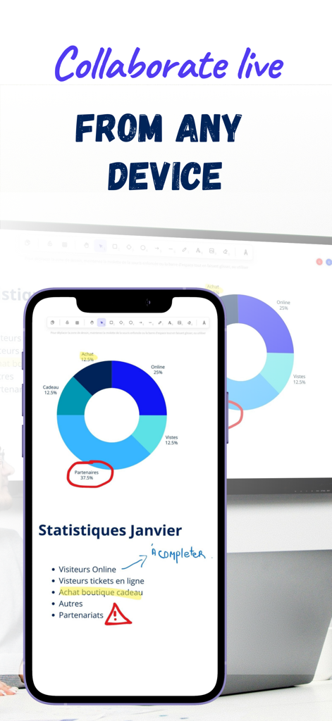 Whiteboard Pro - Collaborative - A smartphone displaying a collaborative whiteboard app with live statistics and annotations for team brainstorming