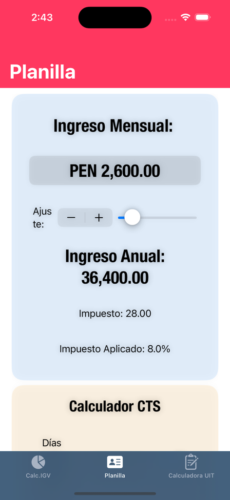 Calculadora IGV Sunat - Interfaz de calculadora de nómina e impuestos de Perú que muestra los ingresos mensuales y las tasas impositivas