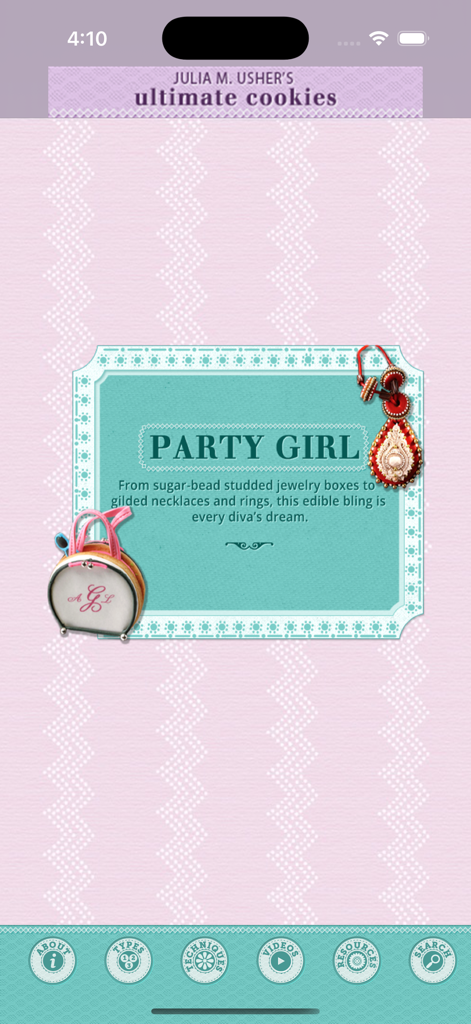 Screenshot of the Party Girl project category in the Ultimate Cookies app showing edible jewelry themed cookie designs