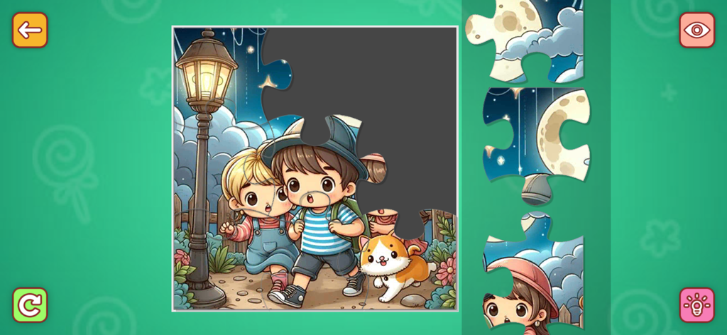 Captura de pantalla del juego de un rompecabezas de piezas para niños con lindos niños y un perro de dibujos animados en la aplicación Gallinas Felices.