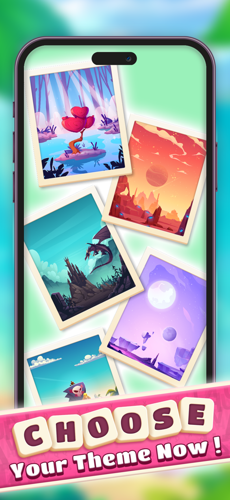 Écran de jeu mobile montrant une variété de thèmes de paysages pittoresques pour les puzzles de mots