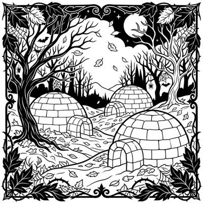 Discover a truly unique coloring experience with our Gothic Igloos in Autumn design. This captivating scene blends cozy arctic dwellings with a haunting fall forest, perfect for a creative escape.