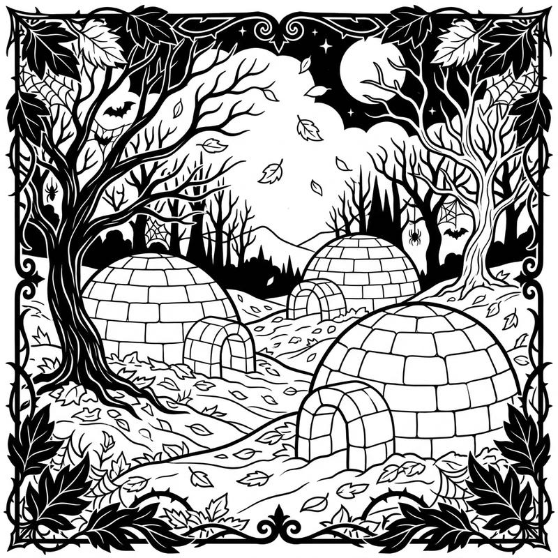 Discover a truly unique coloring experience with our Gothic Igloos in Autumn design. This captivating scene blends cozy arctic dwellings with a haunting fall forest, perfect for a creative escape.