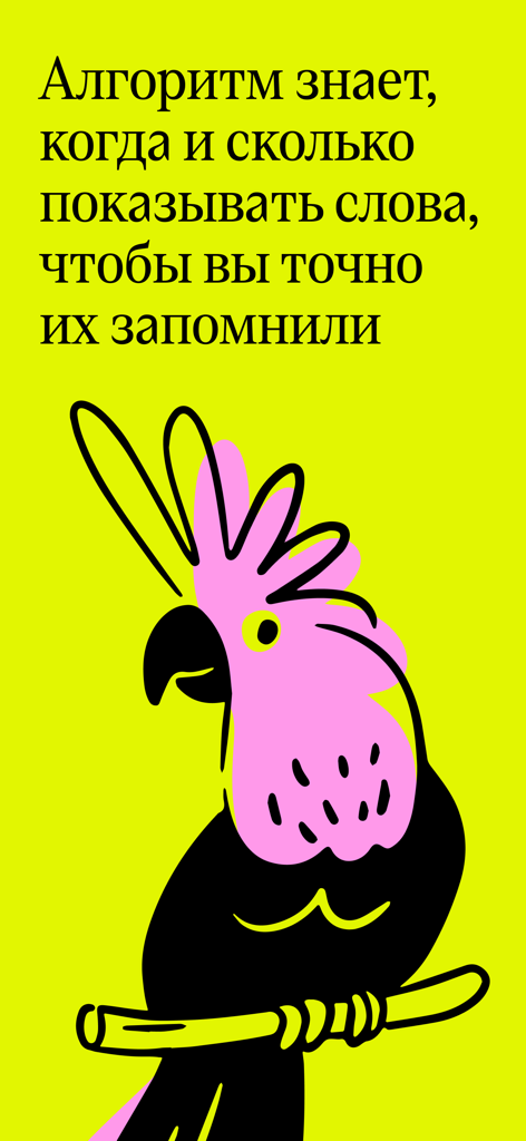 Luke and English - A pink and black parrot mascot on a yellow background with Russian text about an English learning algorithm.